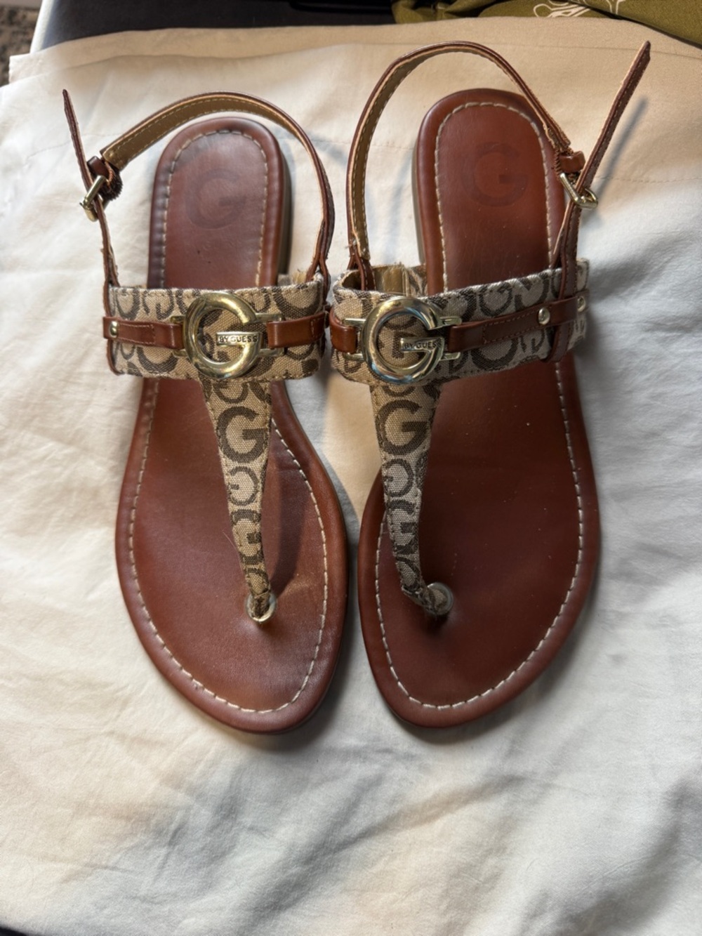 Guess by Marciano Tan Brown Logo T-Strap Sandals with Gold Accent